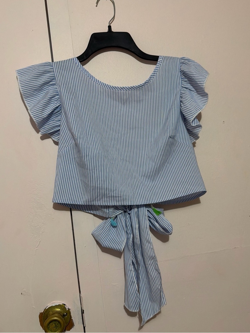 Blue Stripe Ruffle Sleeve Bow Back Summer Top